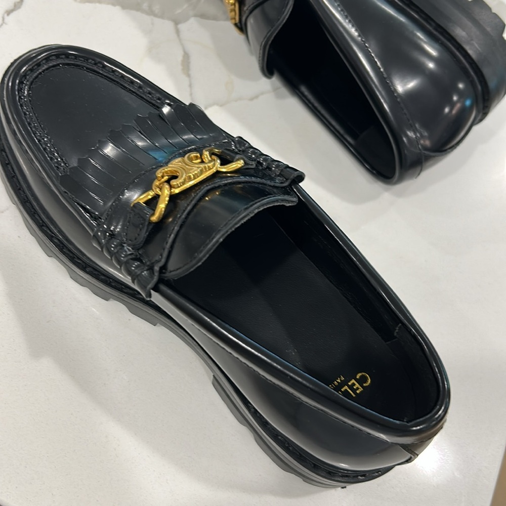Celine Black Leather Loafers with Gold Buckle - Picture 5 of 7